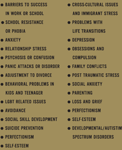 Barries to Success in work or School, School Resistance or Phobie, Anxiety, Relationship Stress, Psychosis or Confusion, Panic Attacks or Disorder, Adjustment to Divorce, LGBT Related Issues, Depression, Obsession and Compulsion, Family Conflicts, Post Traumatic Stress, Social Anxiety, Parenting, Loss and Grief, Adjustment to Divorce, Avoidance, Suicide Prevention, Perfectionism